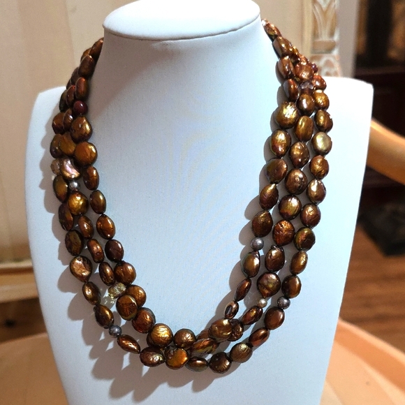 NATURAL COPPER CHOCOLATE SOUTH SEA BAROQUE PEARLS 16IN STERLING 925 CLASP - Picture 1 of 5